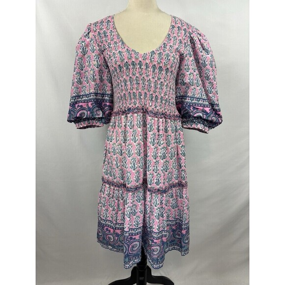 Lola Australia Athena Nap Dress Pink Blue Floral XS 8 AU Smocked Puff Sleeves - Picture 1 of 11